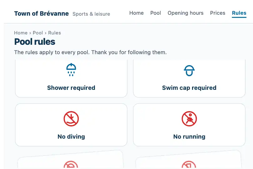 Pictograms of a municipal pool's rules — rules page of the town website — Rotate In example 3
