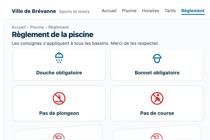 Pictogrammes des consignes d'une piscine municipale — page règlement du site de la ville — Rotate In exemple 3