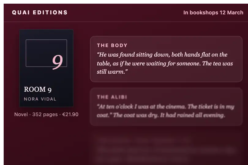 Excerpts from a crime novel — a publisher's page for a book launch — Blur to Clear example 2