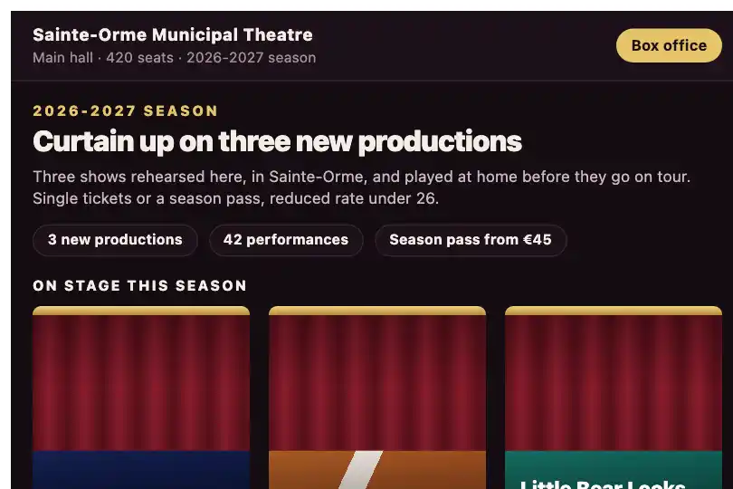 Curtain up on the season's new productions — “Season” page of a municipal theatre — Clip Path Reveal example 3