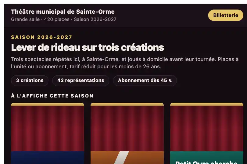 Lever de rideau sur les créations de la saison — page « Saison » d'un théâtre municipal — Clip Path Reveal exemple 3