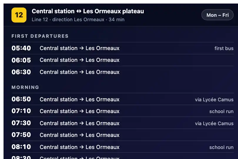 Bus line timetable from the first to the last departure — transport page of a metropolitan area — Color Shift example 1