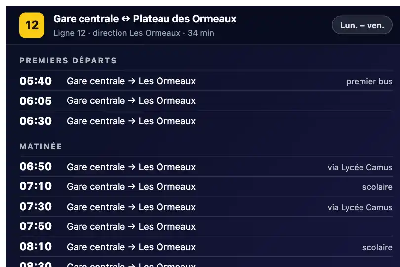 Horaires d'une ligne de bus du premier au dernier départ — page transport d'une agglomération — Color Shift exemple 1