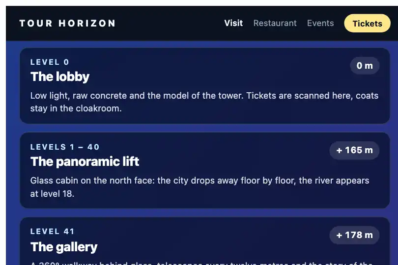 From the lobby to the rooftop — visit page of a panoramic tower — Color Shift example 2