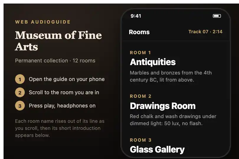Rooms of an exhibition — a museum's web audioguide on a smartphone — Text Reveal example 1
