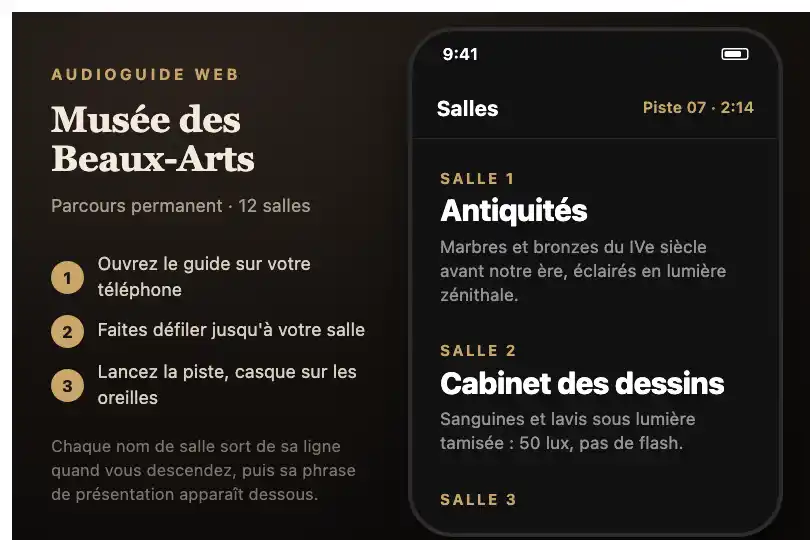 Salles d'une exposition — audioguide web sur smartphone d'un musée — Text Reveal exemple 1