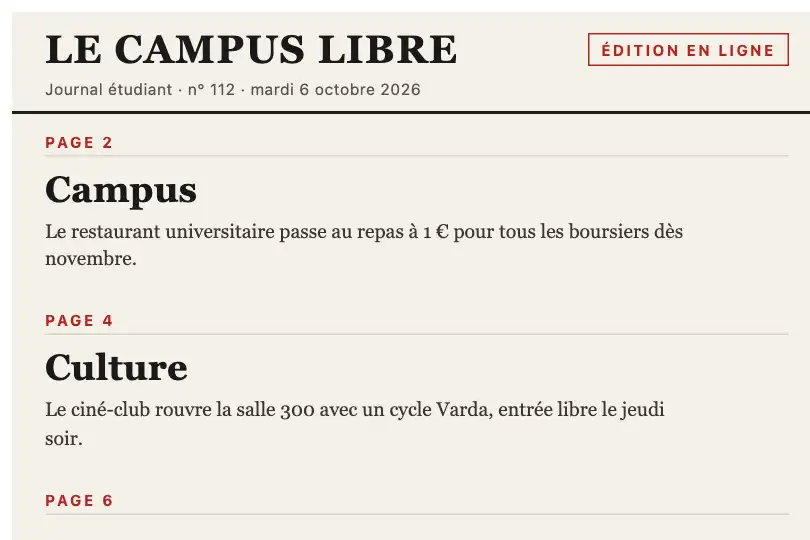 Manchettes d'un journal étudiant en ligne — page d'accueil éditoriale — Text Reveal exemple 3