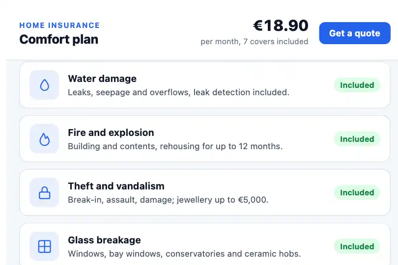 Covers of a multi-risk home insurance policy — an insurer's product page — Slide In Cards example 3