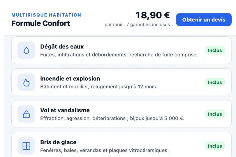 Garanties d'un contrat multirisque habitation — page produit d'un assureur — Slide In Cards exemple 3