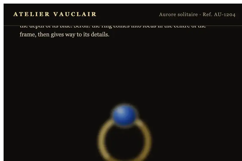 Ring on a jeweler's product page — the piece comes into focus between two paragraphs — Zoom & Blur example 3