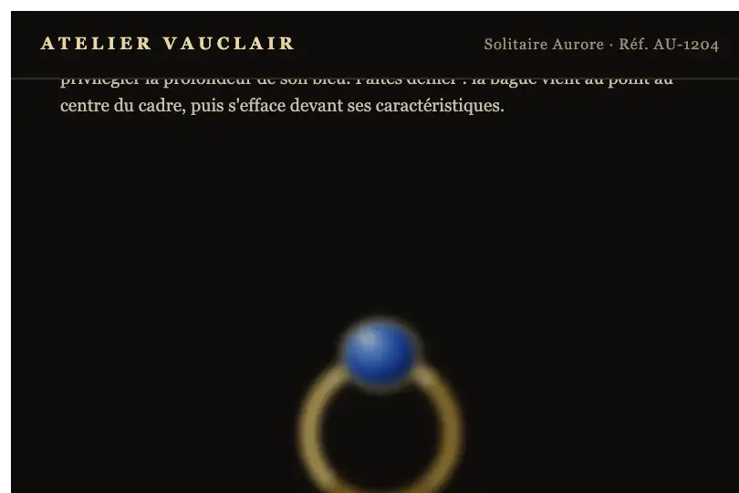 Bague sur la fiche d'un joaillier — le bijou passe en focus entre deux paragraphes — Zoom & Blur exemple 3
