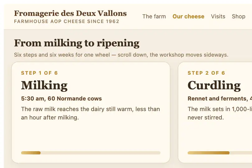 Making an AOP cheese, step by step — a dairy's website — Horizontal Scroll Section example 1