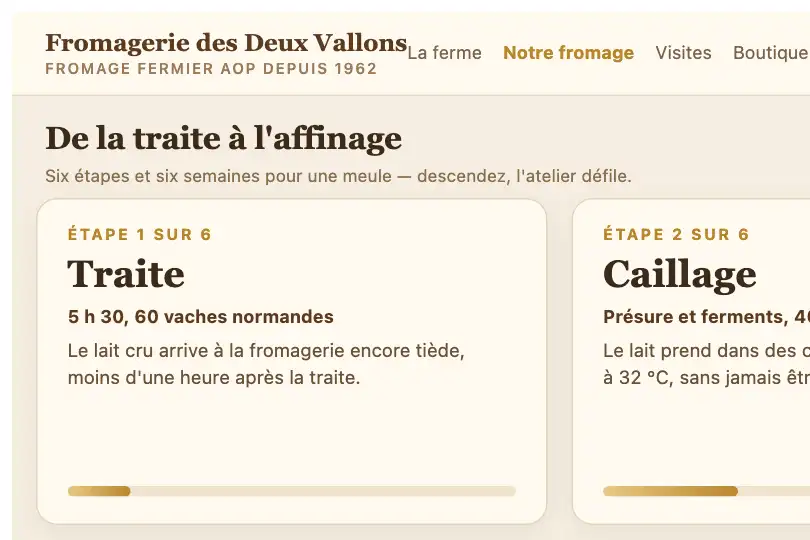 Étapes de fabrication d'un fromage AOP — site d'une fromagerie — Horizontal Scroll Section exemple 1