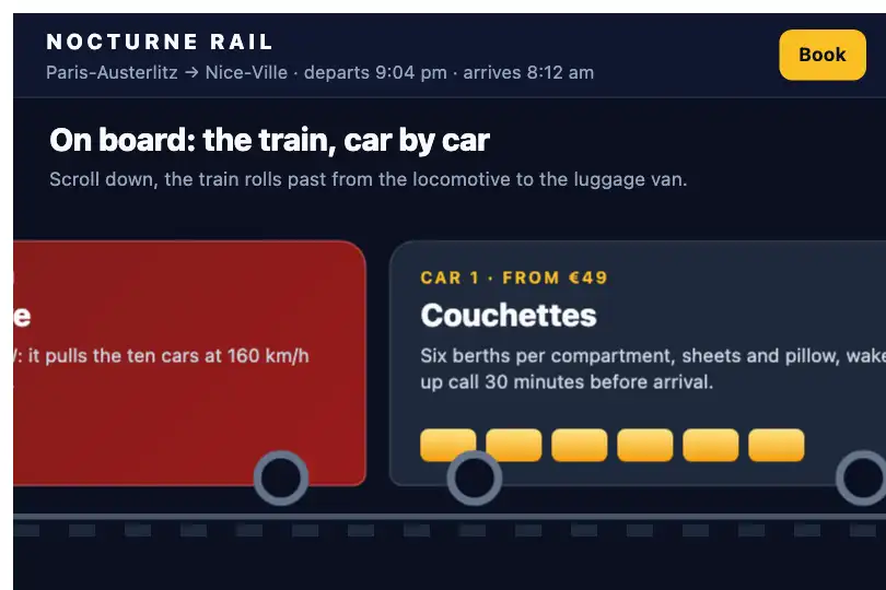 A night train's consist, car by car — a railway company's booking page — Horizontal Scroll Section example 2