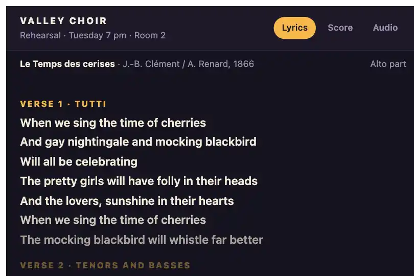 Song lyrics during rehearsal — an amateur choir's app — Text Line Reveal example 1