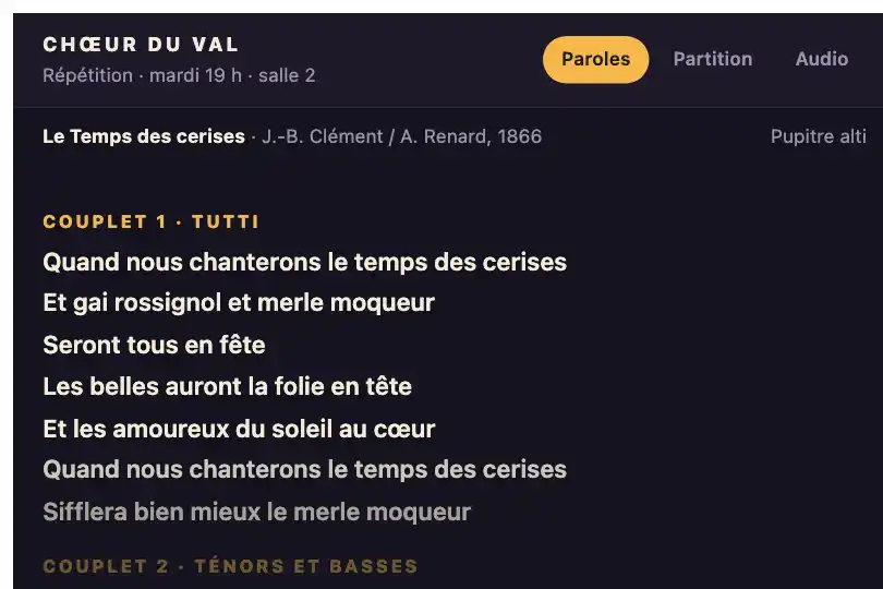 Paroles d'un chant pendant la répétition — application d'un chœur amateur — Text Line Reveal exemple 1