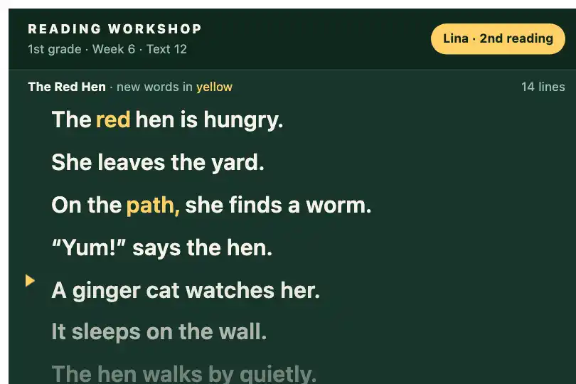 Guided reading for a beginning reader — a 1st-grade reading-workshop app — Text Line Reveal example 2