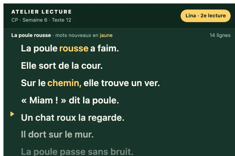 Lecture accompagnée d'un apprenti lecteur — application d'atelier lecture en CP — Text Line Reveal exemple 2