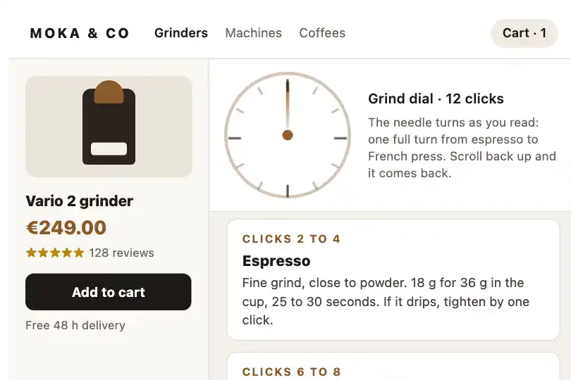 Grind dial of a coffee machine — setting tutorial on the product page — Rotation on Scroll example 1