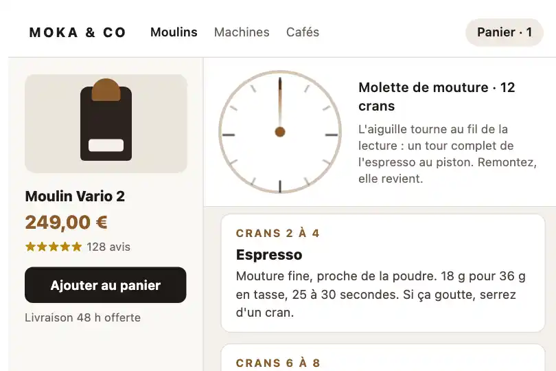 Molette de mouture d'une machine à café — tutoriel de réglage sur la fiche produit — Rotation on Scroll exemple 1