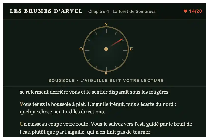 Boussole d'un jeu d'aventure textuel — chapitre lu dans le navigateur — Rotation on Scroll exemple 3