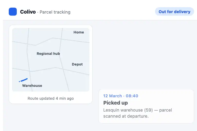 A parcel's route across four platforms — delivery tracking page — Path Drawing on Scroll example 1
