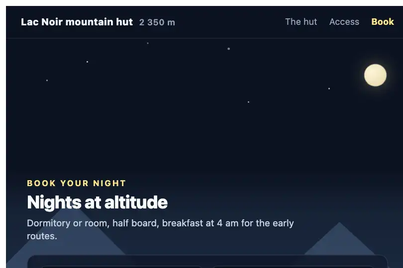 Booking page of a mountain hut — nights at altitude — Parallax Layers example 2