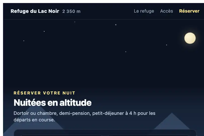 Page de réservation d'un refuge de montagne — nuitées en altitude — Parallax Layers exemple 2