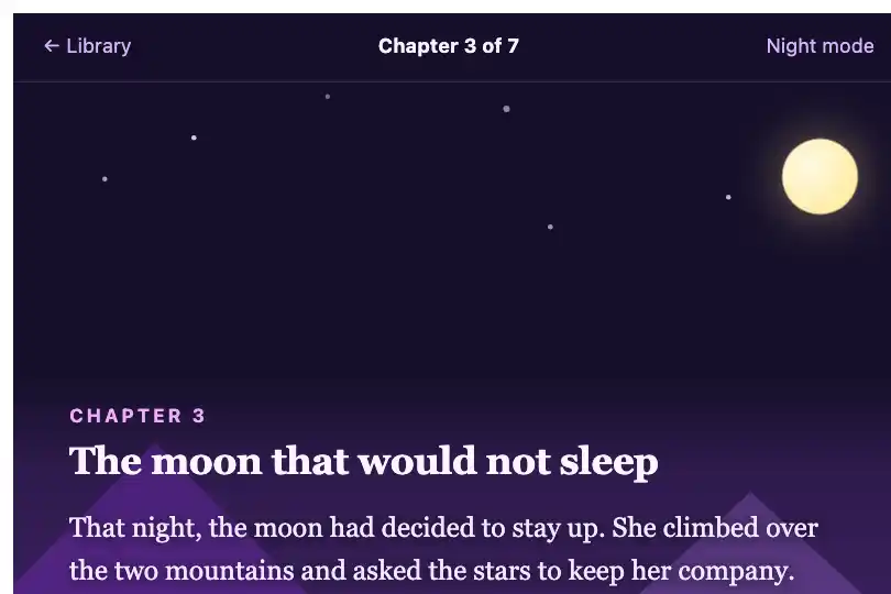 Bedtime story illustration — children's reading app on a tablet — Parallax Layers example 3