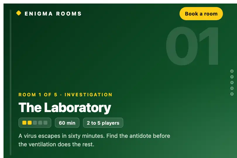 Escape game rooms, one per screen — "Our rooms" page of a booking site — Snap Gallery with Progress example 1