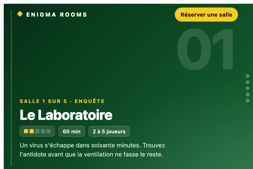 Salles d'un escape game, une par écran — page « Nos salles » d'un site de réservation — Snap Gallery with Progress exemple 1