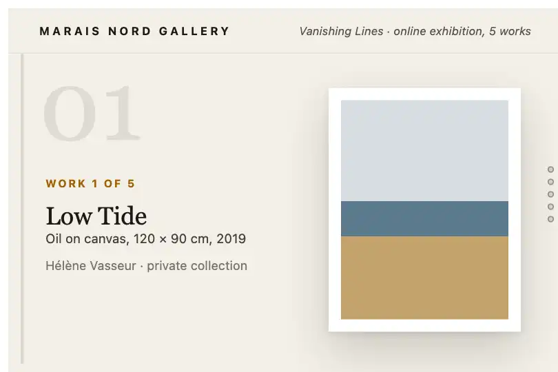 Works of a virtual exhibition — exhibition page of an art gallery — Snap Gallery with Progress example 2