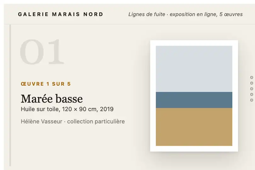 Œuvres d'une exposition virtuelle — page d'exposition d'une galerie d'art — Snap Gallery with Progress exemple 2