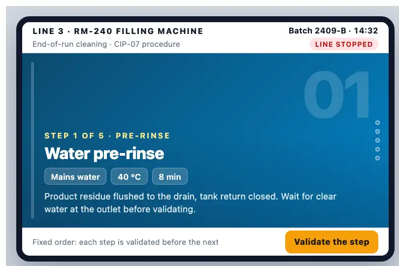 Cleaning procedure for a filling machine — operator's tablet at the end of a production run — Snap Gallery with Progress example 3