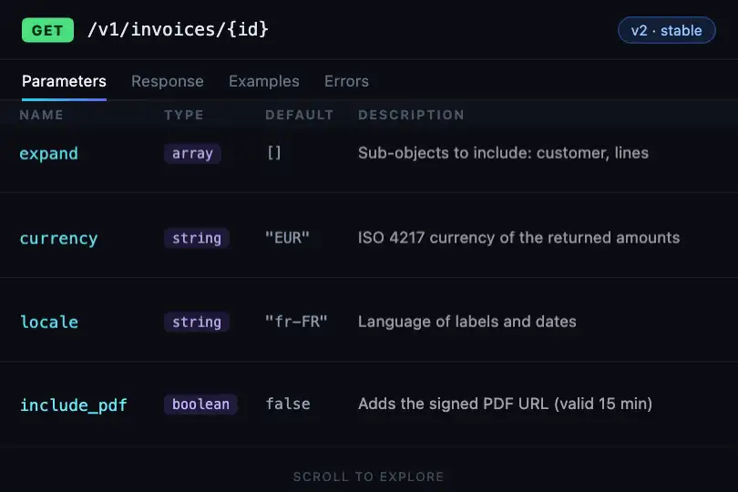 Endpoint parameters — API reference documentation — Reveal on Scroll example 1