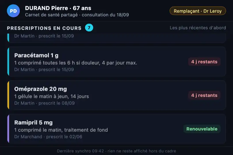 Prescriptions en cours — carnet de santé partagé sur tablette de cabinet — Reveal on Scroll exemple 2
