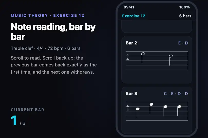 Bars of a score — music theory app on a smartphone — Reveal on Scroll example 3