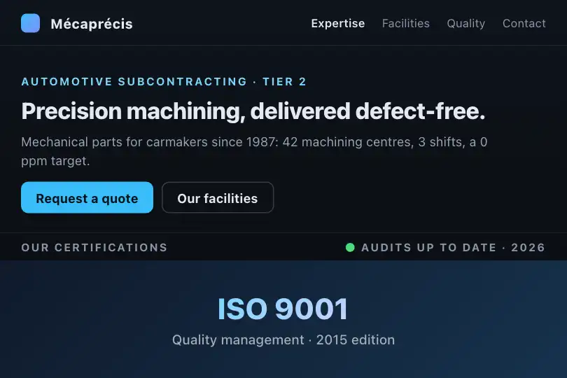 Automotive subcontractor's home page — the certification band turns on its own — Sticky Horizontal example 1