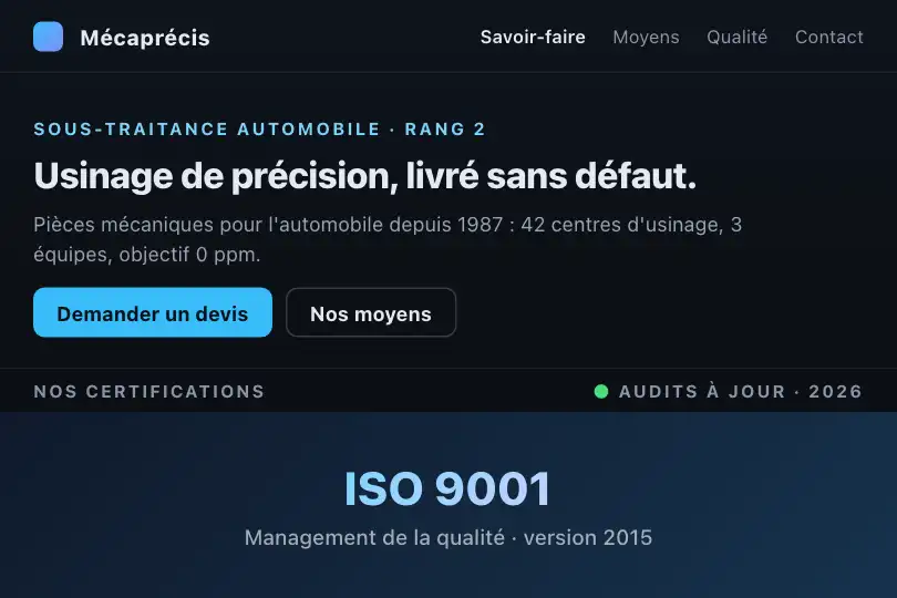 Accueil d'un sous-traitant automobile — le bandeau de certifications tourne seul — Sticky Horizontal exemple 1