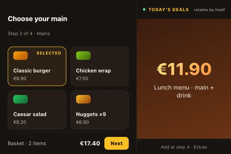 Fast-food ordering kiosk — today's deals rotate while the customer chooses — Sticky Horizontal example 2