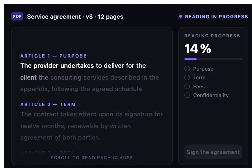Service agreement signed online — clauses light up as they are read — Text Highlight on Scroll example 1