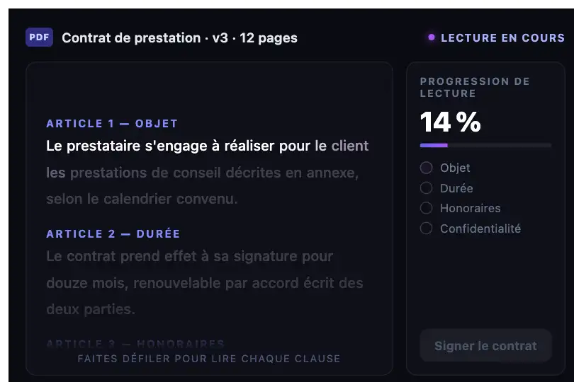 Contrat de prestation signable en ligne — les clauses s'allument sous la lecture — Text Highlight on Scroll exemple 1