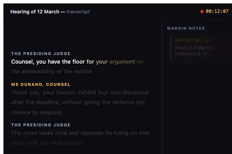 Hearing transcript with margin notes — Text Highlight on Scroll example 2