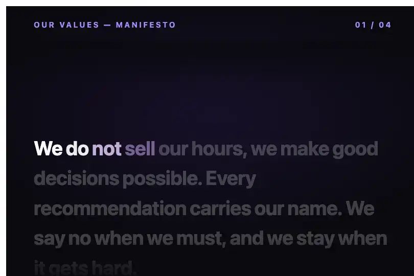 Projected “Our values” manifesto — ceremonial word-by-word reading — Text Highlight on Scroll example 3