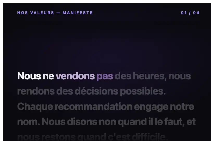 Manifeste « Nos valeurs » projeté — lecture cérémonielle mot à mot — Text Highlight on Scroll exemple 3