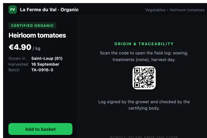 Food traceability label on an organic product page — the QR grows until it can be scanned — Zoom on Scroll example 1