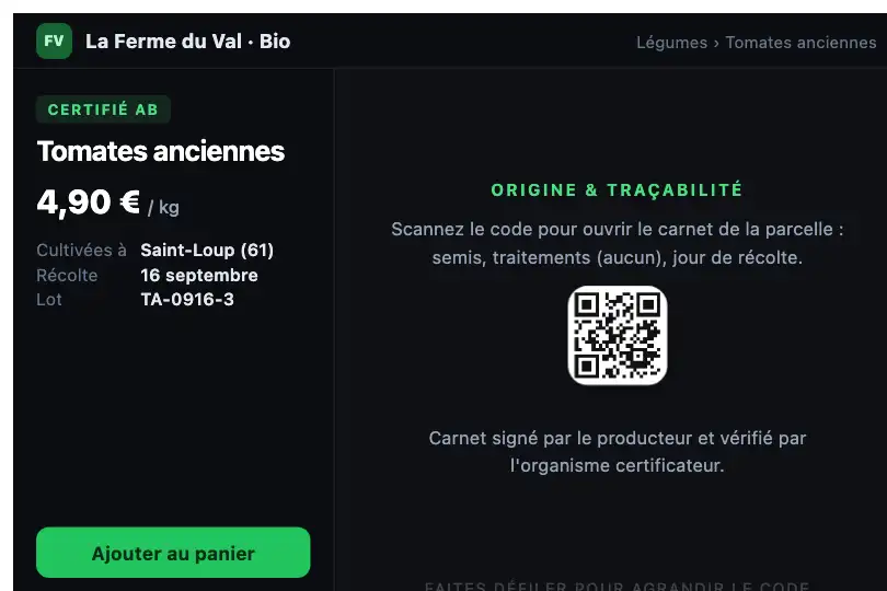 Étiquette de traçabilité alimentaire en fiche produit bio — le QR grandit jusqu'à être scannable — Zoom on Scroll exemple 1