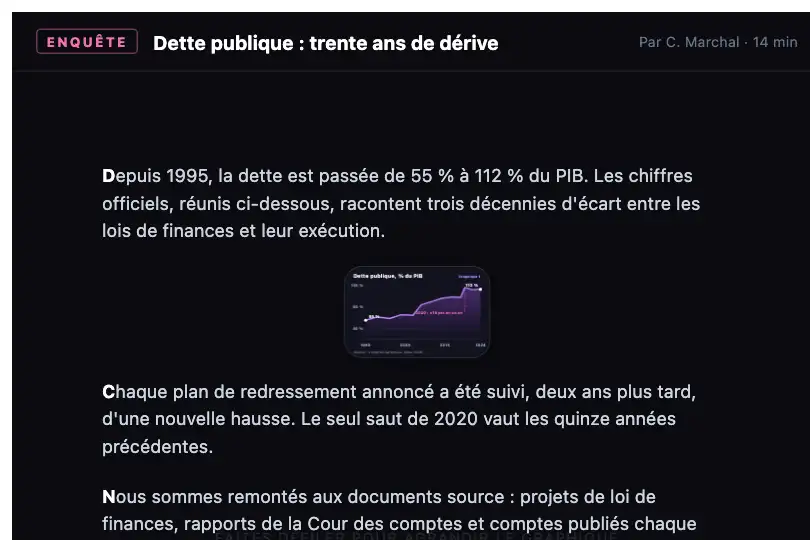 Infographie-clé dans un article d'investigation en ligne — le graphique s'ouvre à la lecture fine — Zoom on Scroll exemple 2