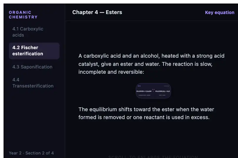 Reaction equation in a university organic chemistry course — the formula goes from reference to centerpiece — Zoom on Scroll example 3