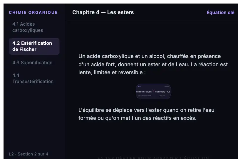 Équation de réaction dans un cours de chimie organique — la formule passe de référence à pièce centrale — Zoom on Scroll exemple 3